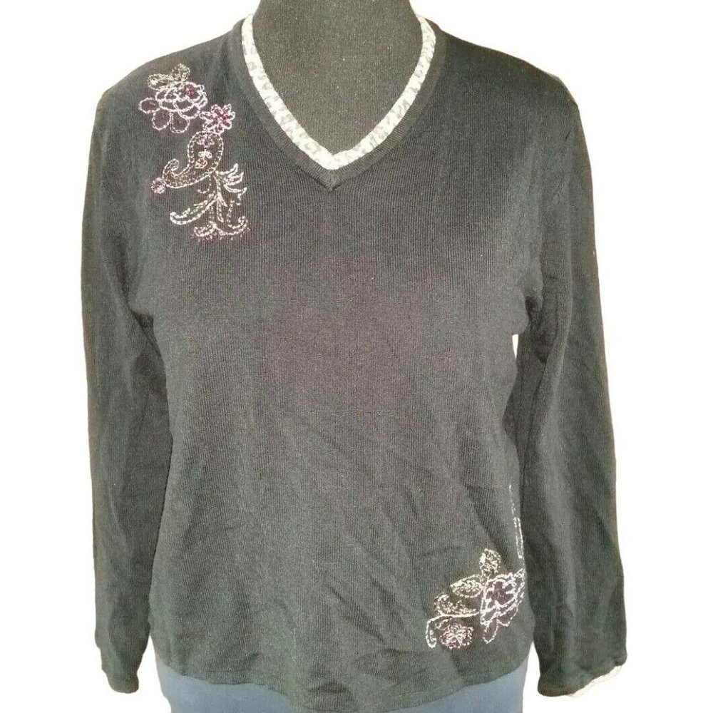 Black sweater petite large PL paisley floral embroidered cheetah leopard vneck